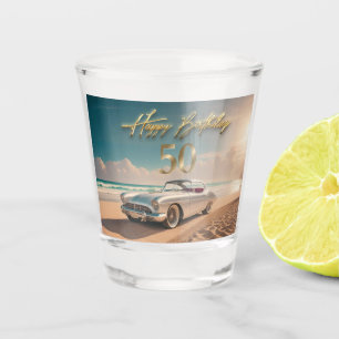 Vintage Sports car on a tropical beach Happy 50th Shot Glass