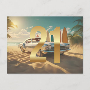 Vintage Sports car tropical beach 21st birthday Postcard