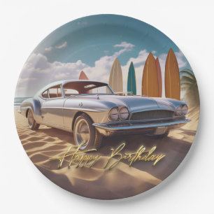 Vintage Sports car tropical beach Happy birthday Paper Plate