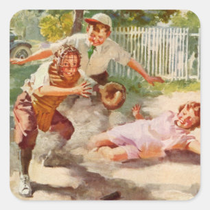 Vintage Sports, Children Play Stickball Baseball Square Sticker