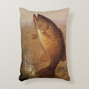 Vintage Sports Fishing, Largemouth Brown Bass Fish Decorative Cushion
