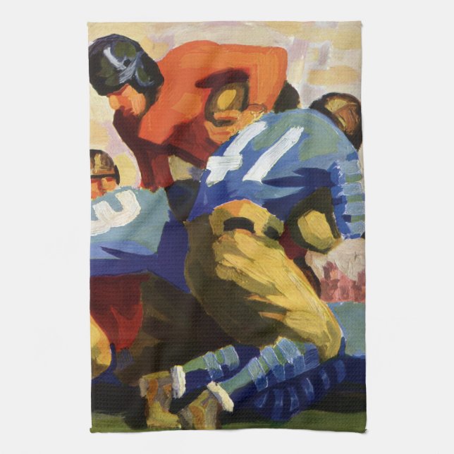 Vintage Sports, Football Players in a Game Tea Towel (Vertical)
