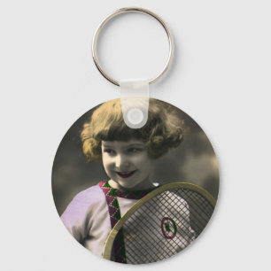 Vintage Sports, Happy Girl Holding a Tennis Racket Key Ring