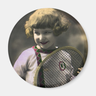 Vintage Sports, Happy Girl Holding a Tennis Racket Magnet