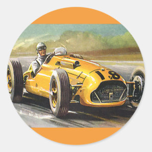 Vintage Sports Racing, Yellow Race Car Racer Classic Round Sticker