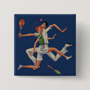 Vintage Sports, Tennis Players Crash with Rackets 15 Cm Square Badge