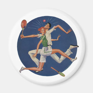Vintage Sports, Tennis Players Crash with Rackets Magnet