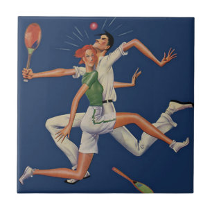 Vintage Sports, Tennis Players Crash with Rackets Tile