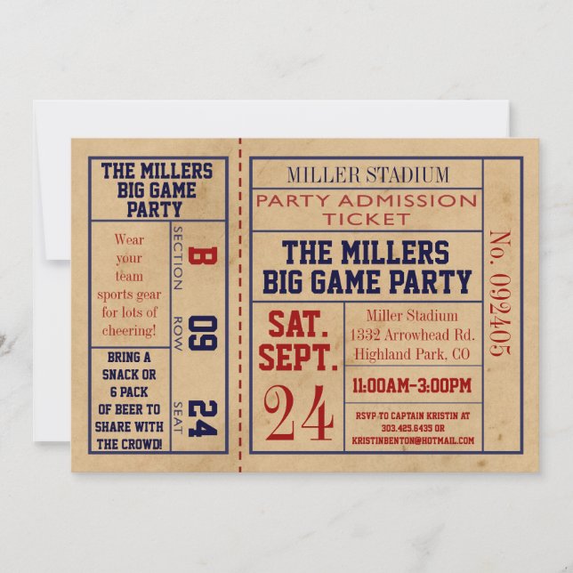 Vintage Sports Ticket Invite - Football Party (Front)