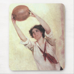 Vintage Sports, Woman Basketball Player with Ball Mouse Mat