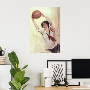Vintage Sports, Woman Basketball Player with Ball Poster