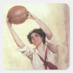 Vintage Sports, Woman Basketball Player with Ball Square Sticker