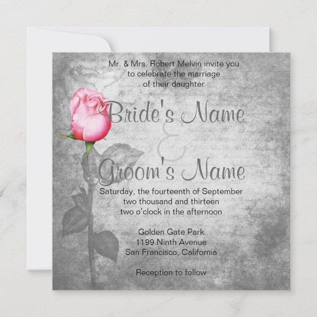Vintage Spot Colour Pink Rose Wedding Invitation (Front)