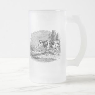 Vintage Spotted Cow Retro Bull Cows Illustration Frosted Glass Beer Mug