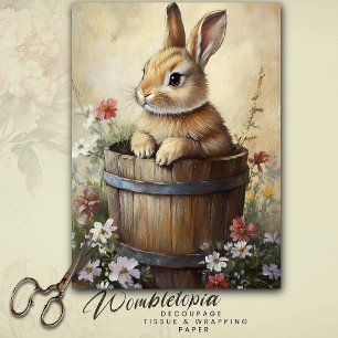 Vintage Spring Bunny in Wooden Barrel Wildflowers Tissue Paper