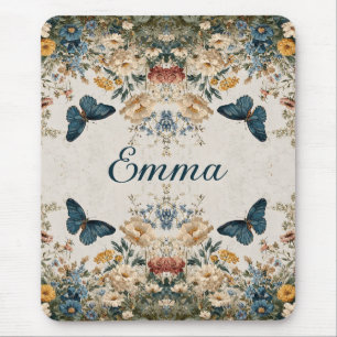 Vintage Spring Butterfly Floral Garden Mouse Mat