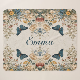 Vintage Spring Butterfly Floral Garden Sherpa Blanket