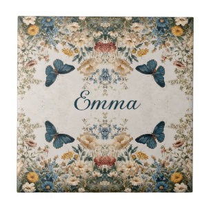 Vintage Spring Butterfly Floral Garden Tile