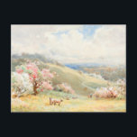 Vintage Spring by Joseph Rubens Powell Postcard<br><div class="desc">Pretty beautiful Vintage Spring by Joseph Rubens Powell watercolor and gouache painting. This beautiful painting depicts pink blossoms on trees and sheep grazing peacefully under a blue sky.Perfect gift for nature and art lovers and enthusiasts.</div>