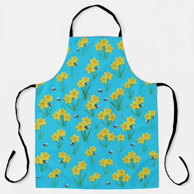 Vintage Spring Daffodils & Bumblebees Floral Apron (Front)