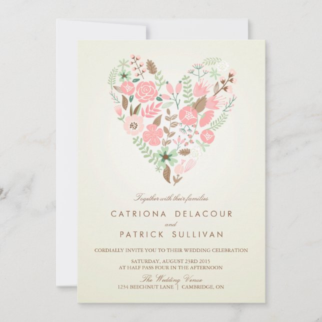 VINTAGE SPRING FLORAL HEART WEDDING INVITATION (Front)