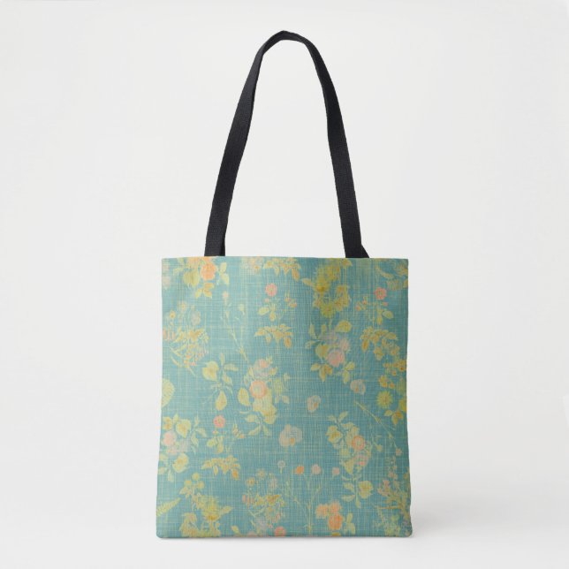 Vintage Spring Floral Teal Pattern Tote Bag (Front)