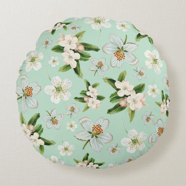 Vintage Spring Flower Blossoms Pattern Round Cushion (Front)