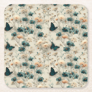 Vintage Spring Flowers and Butterflies Square Paper Coaster