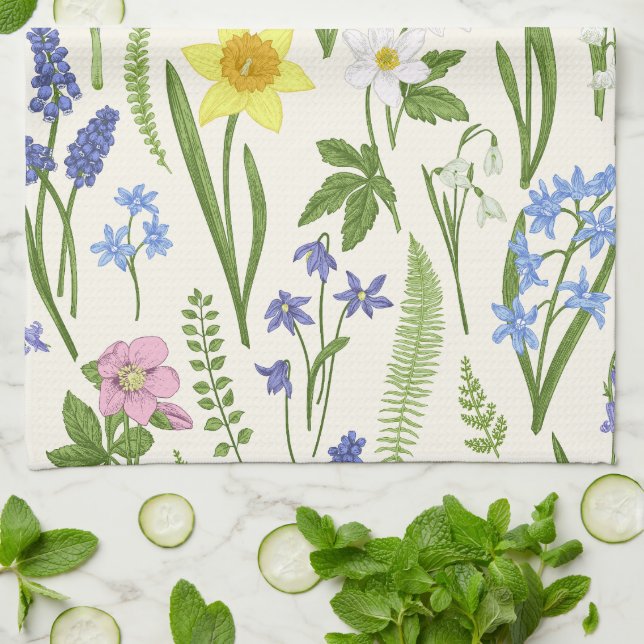 Vintage Spring flowers and Herbs  Tea Towel (Folded)