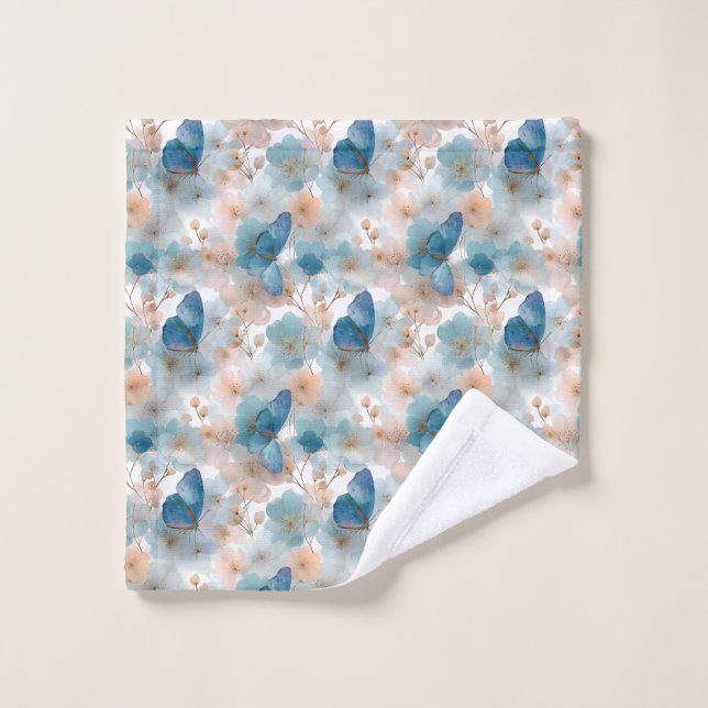 Vintage Spring Flowers & Blue Butterfly Bath Towel Set (Wash Cloth)