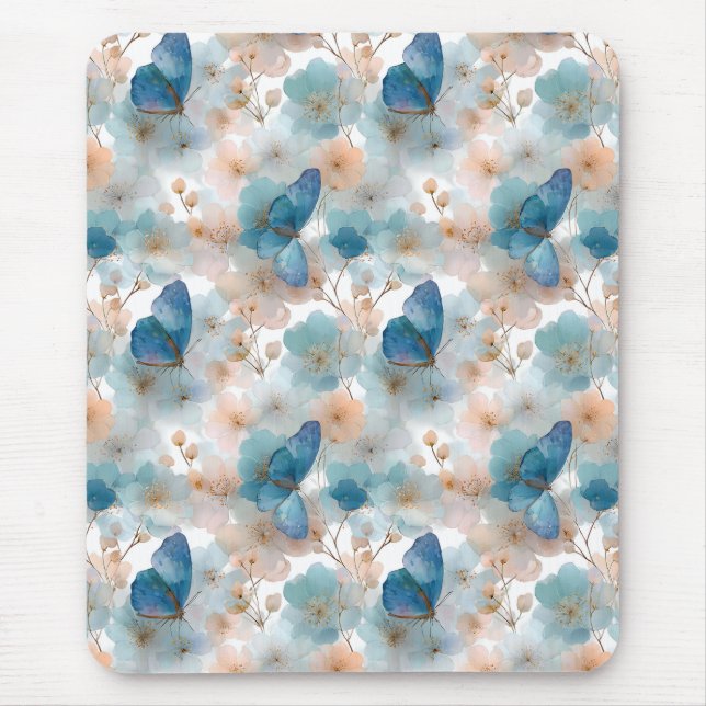 Vintage Spring Flowers & Blue Butterfly Mouse Mat (Front)