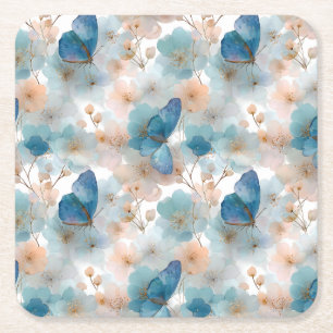 Vintage Spring Flowers & Blue Butterfly Square Paper Coaster