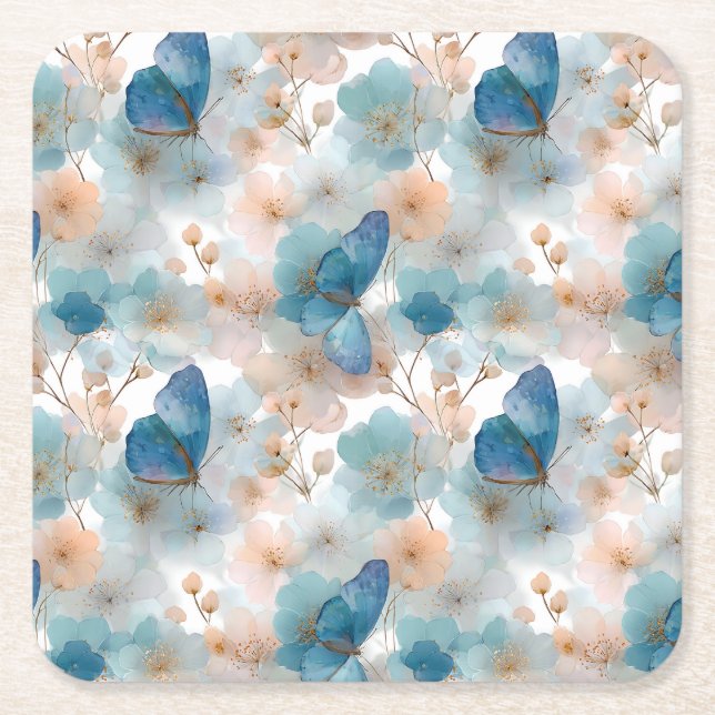 Vintage Spring Flowers & Blue Butterfly Square Paper Coaster (Front)