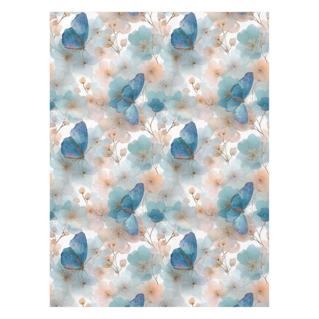 Vintage Spring Flowers & Blue Butterfly Tablecloth (Front)