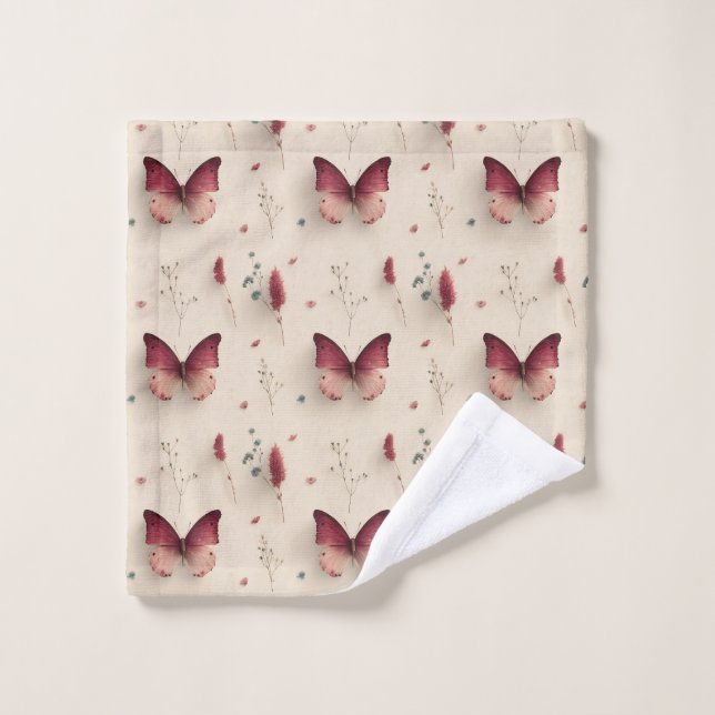 Vintage Spring Flowers & Blush Butterfly Bath Towel Set (Wash Cloth)
