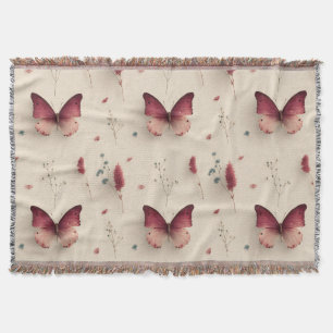 Vintage Spring Flowers & Blush Butterfly Throw Blanket