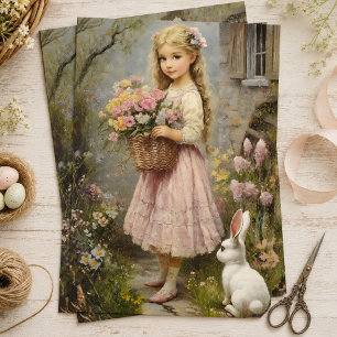 Vintage Spring Garden Girl with Flowers & Bunny Tissue Paper