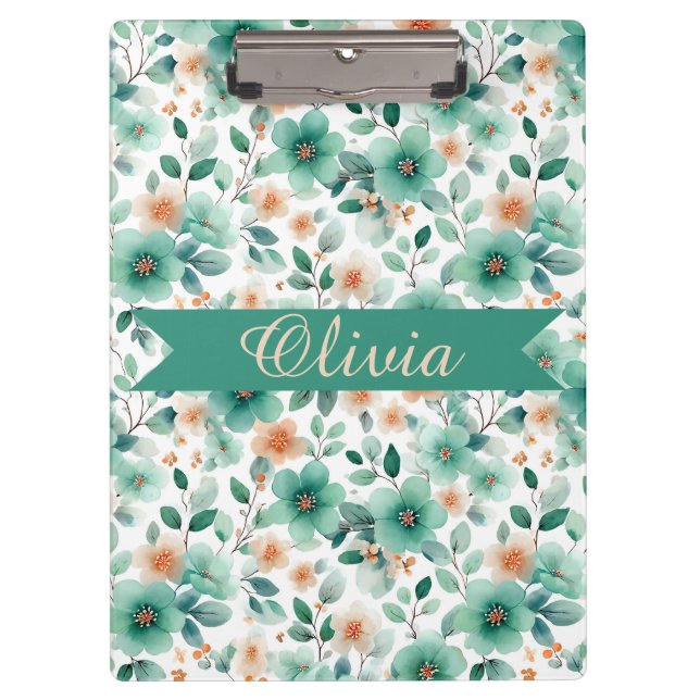 Vintage Spring Green Floral Personalized Clipboard (Front)