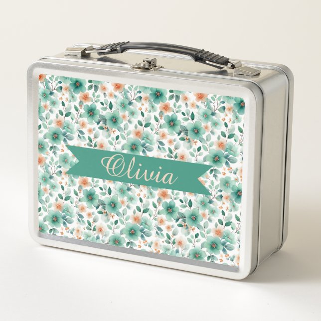 Vintage Spring Green Floral Personalized Metal Lunch Box (Front)