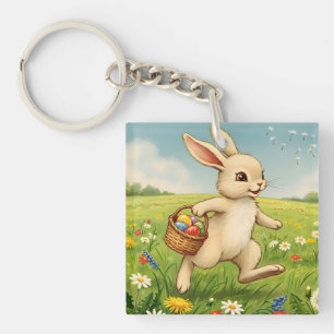 Vintage Spring Meadow Easter Bunny Key Ring
