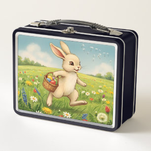 Vintage Spring Meadow Easter Bunny  Metal Lunch Box