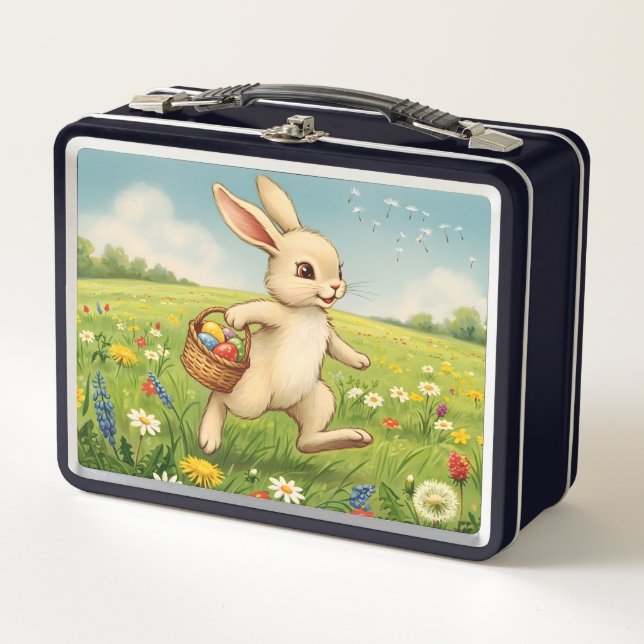 Vintage Spring Meadow Easter Bunny  Metal Lunch Box (Front)