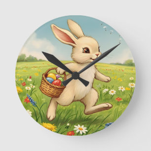 Vintage Spring Meadow Easter Bunny Round Clock