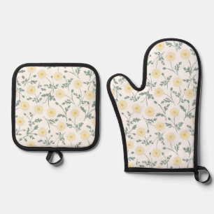 Vintage Spring Modern Farmhouse Daisy Pattern Oven Mitt & Pot Holder Set