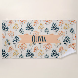 Vintage Spring Orange and Green Botanical Name Beach Towel
