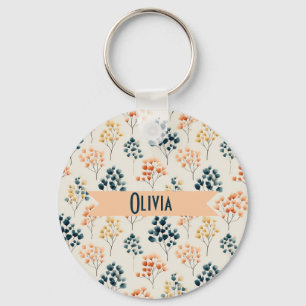 Vintage Spring Orange and Green Botanical Name Key Ring