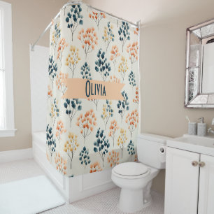 Vintage Spring Orange and Green Botanical Name Shower Curtain