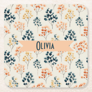 Vintage Spring Orange and Green Botanical Name Square Paper Coaster