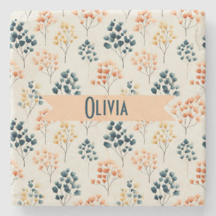Vintage Spring Orange and Green Botanical Name Stone Coaster