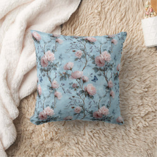Vintage Spring Peonies on Blue Cushion